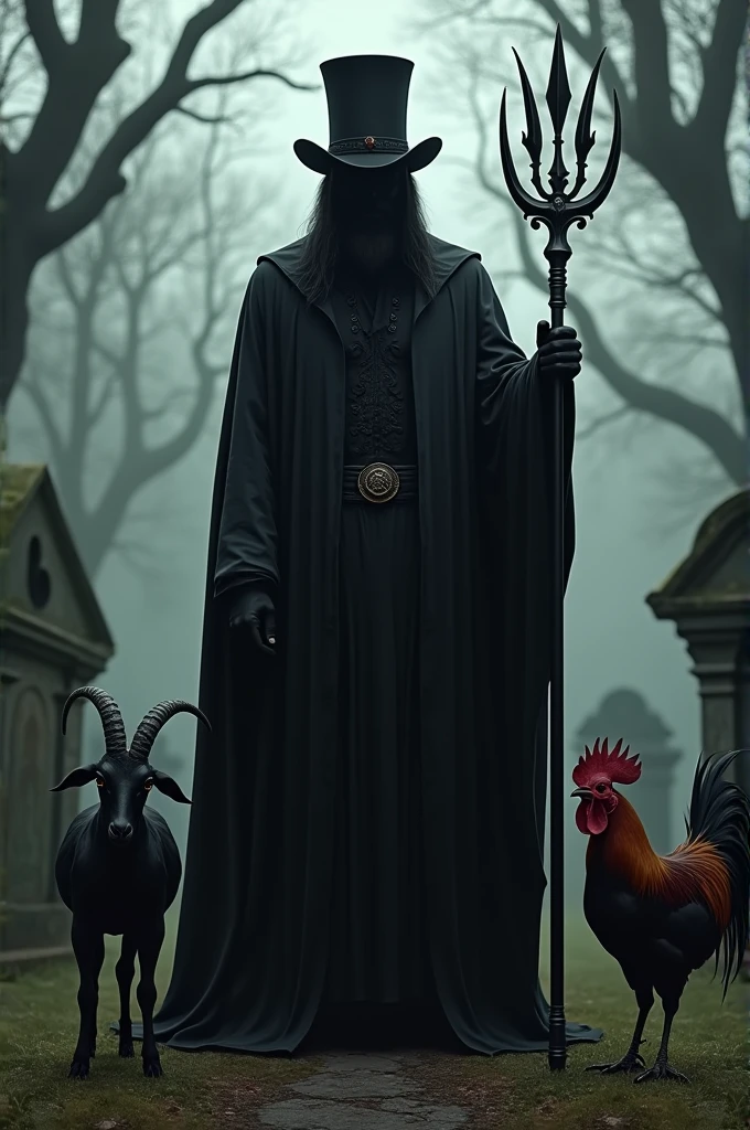Black man dressed in black , black cape top hat Trident in left hand , beside him a black goat and a rooster . In front of the cemetery 