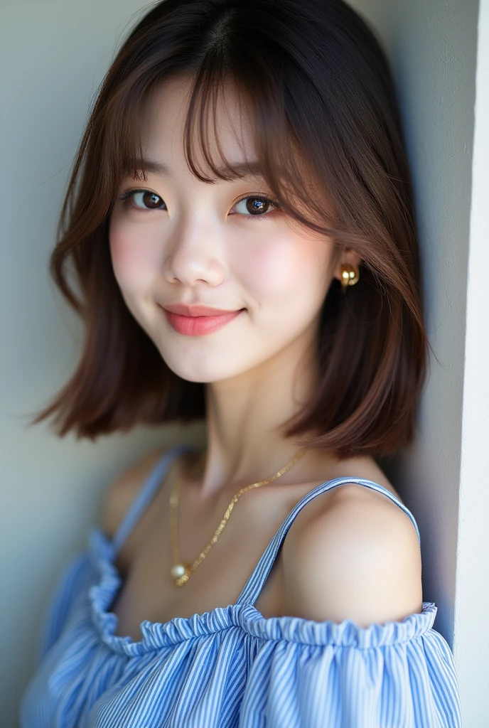 high resolution、A transparent Japanese woman、looking at the camera、body is angled、smile、Moist and shiny hair、Thready hair、cute、Brown Hair、Beautiful young woman who looks like a model、Leaning against a wall、Big eyes、Outline of an inverted triangle、face is slanted45Every time、Straight Hair、The tips are heavy、Hide your chest、Attractive features、Big eyes、Beautiful woman、hoop gold earrings、Long, diagonally swaying bangs、Beautiful like a celebrity、A trendy blunt hairstyle with little volume、Bangs up to the nose、No bangs standing up、Smooth surface hair、Simple chain necklace、A fashionable atmosphere、A mature bob with less volume on top、The hair around the face falls smoothly onto the face.、Natural Makeup、サラサラの艶ありStraight Hair、Cohesive hair、Straightener、Clear face、Hair is not wavy、Blue striped frill shirt