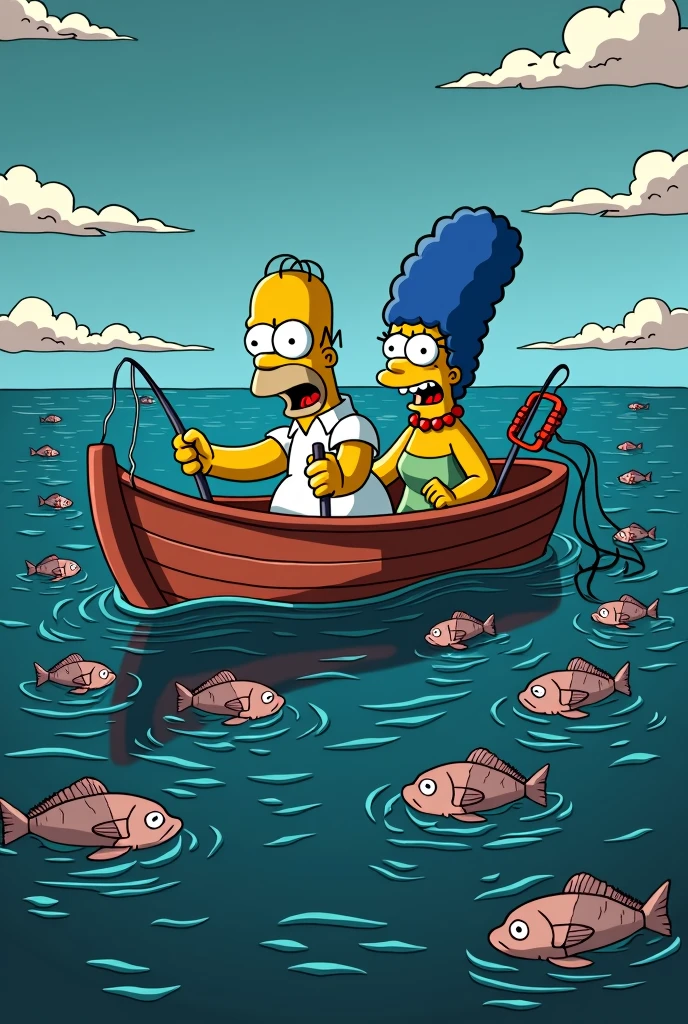a simpsons style landscape image of homer and marge Simpson looking terrified sitting in a fishing boat in the ocean holding fishing lines and fishing nets. all the fish are dead floating on the surface of the water