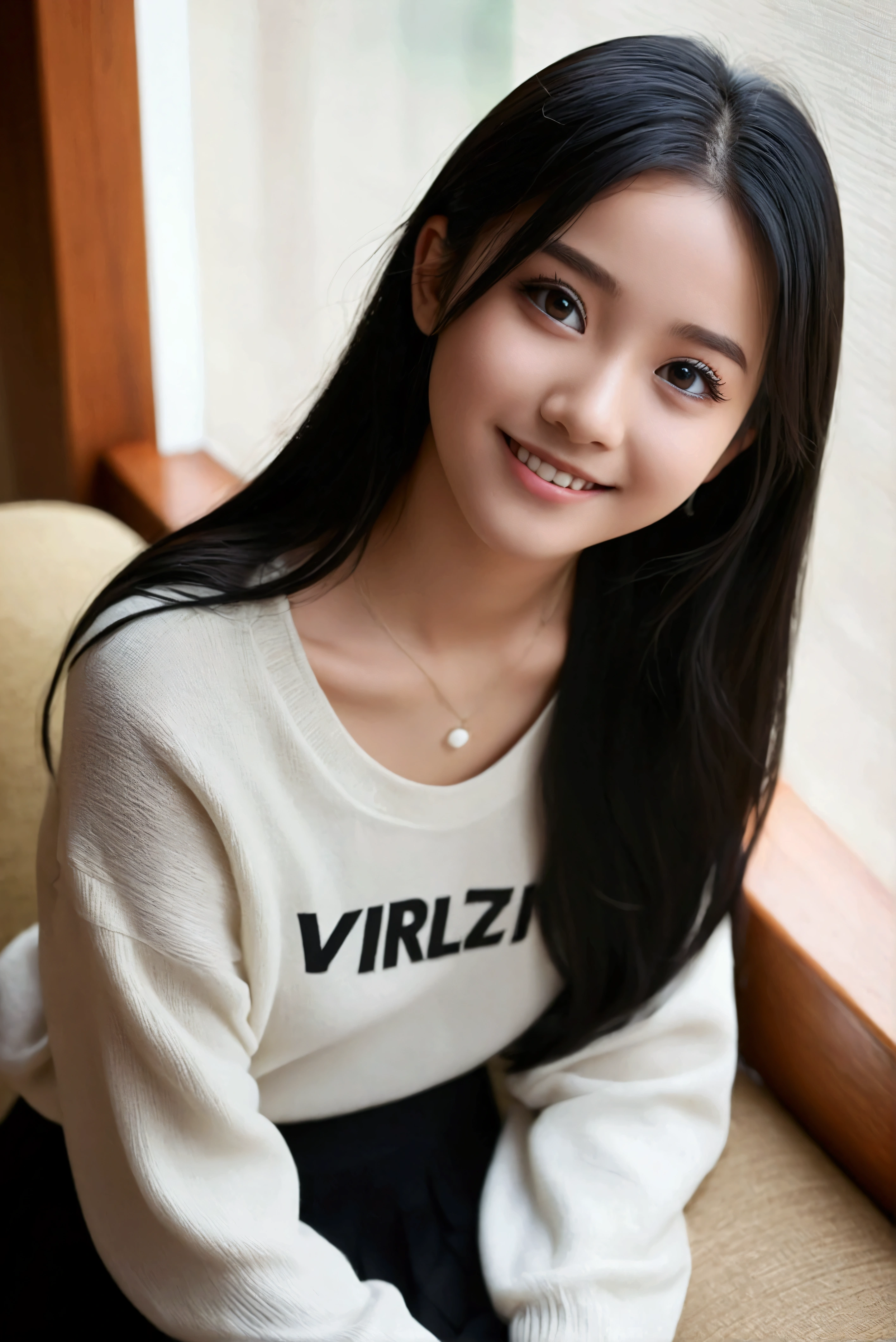 Dark Eyes、pretty girl, Slim figure, , Aerial photos, Detailed face, Black Eyes、Beautiful Eyes, Long eyelashes, black eye、Cute expression, Cozy living room, Realistic, 4K, high quality,Black Hair,smile,Japanese、high school student、Girl、美Girl、Double、Dark Eyes