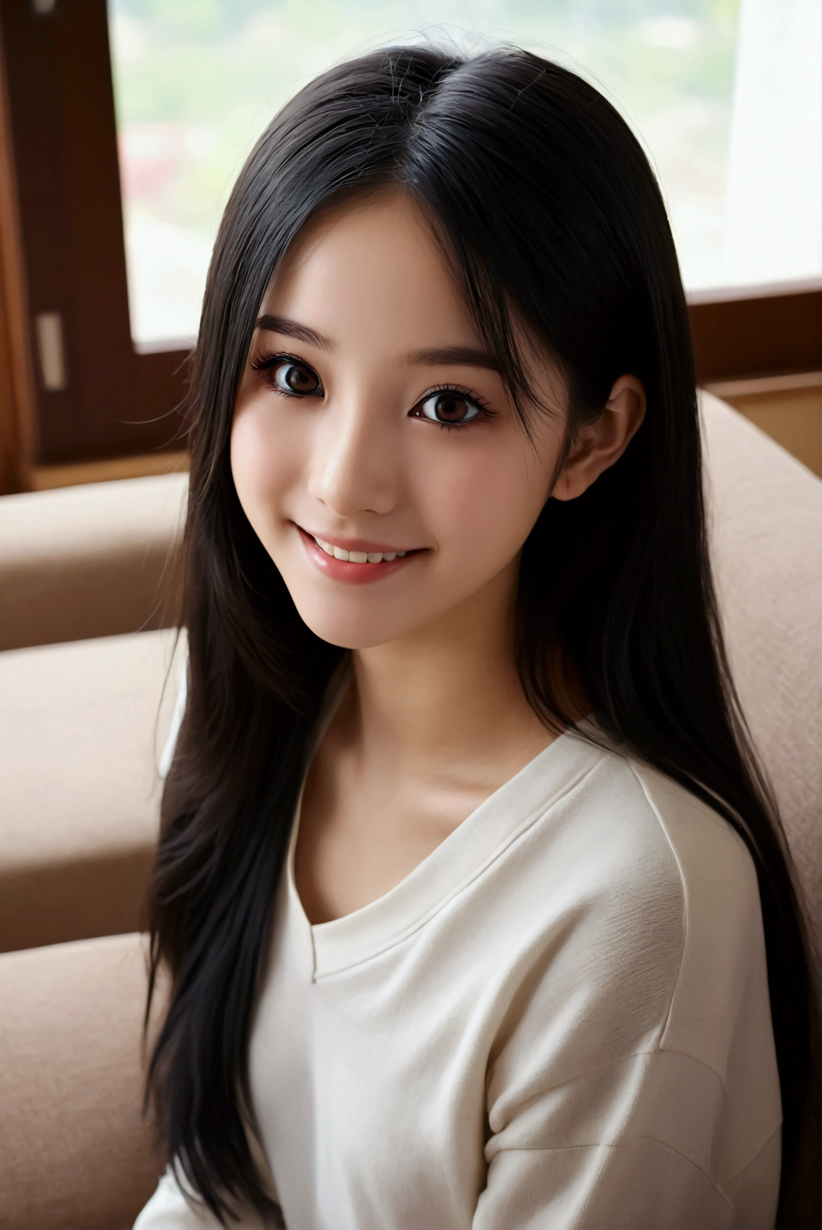 Dark Eyes、pretty girl, Slim figure, , Aerial photos, Detailed face, Black Eyes、Beautiful Eyes, Long eyelashes, black eye、Cute expression, Cozy living room, Realistic, 4K, high quality,Black Hair,smile,Japanese、high 、Girl、美Girl、Double、Dark Eyes
