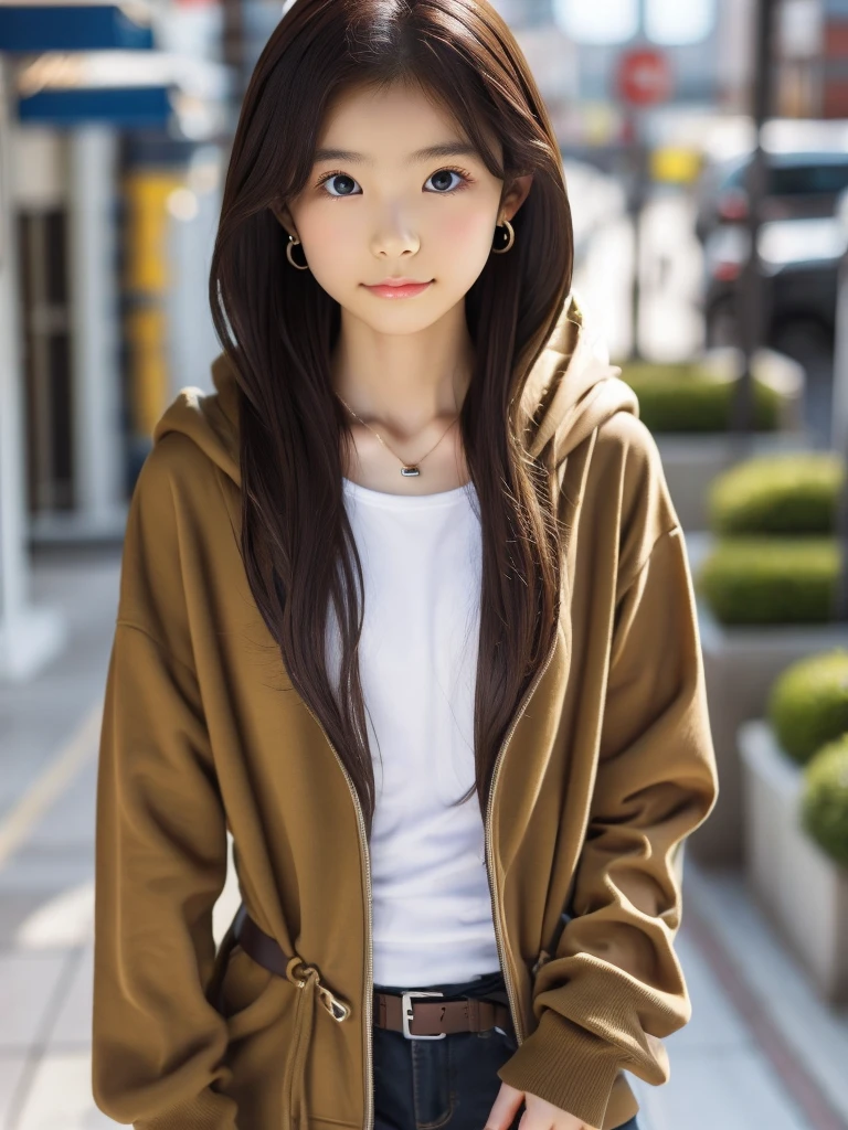 One person, chest, 大きなchest, , HoodieAdidasLong Hair, Brown Hair, belt、Earrings, necklace