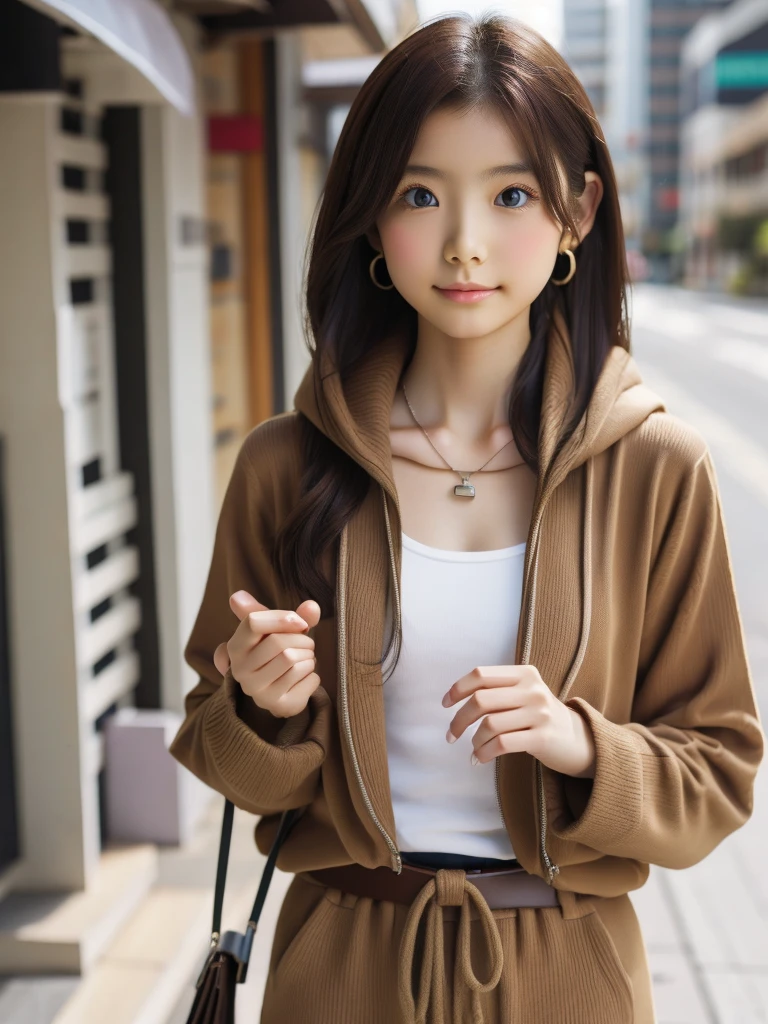 One person, chest, 大きなchest, , HoodieAdidasLong Hair, Brown Hair, belt、Earrings, necklace