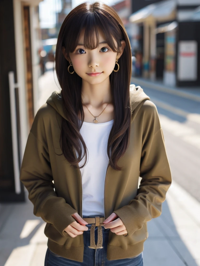 One person, chest, 大きなchest, , HoodieAdidasLong Hair, Brown Hair, belt、Earrings, necklace