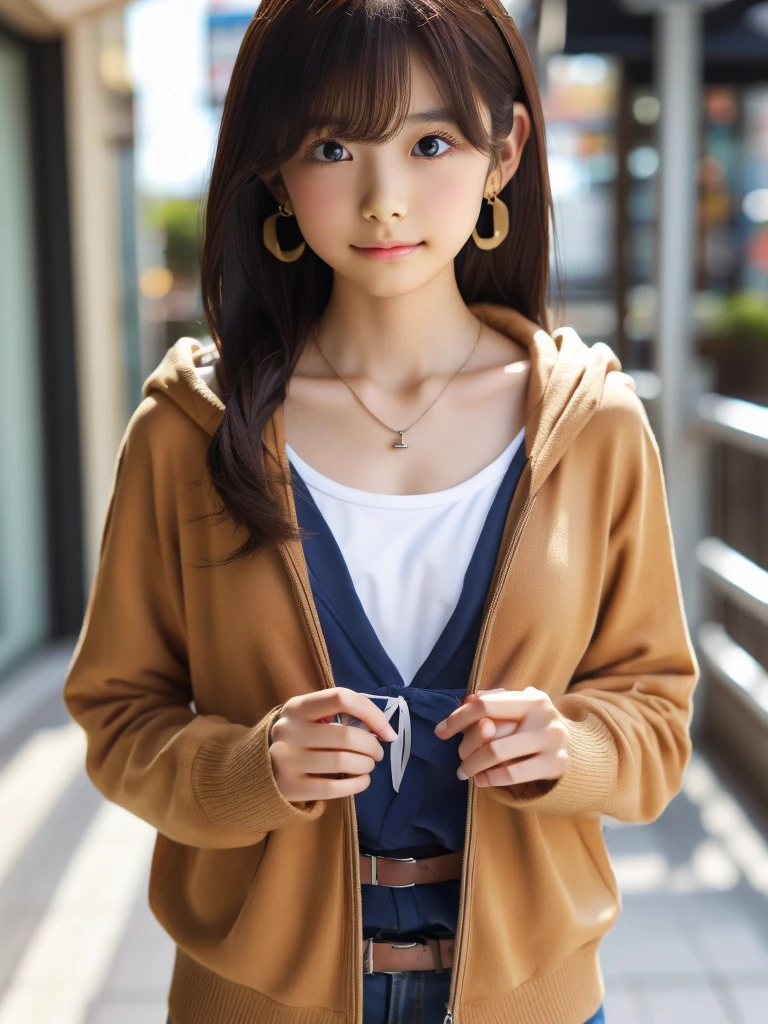 One person, chest, 大きなchest, , HoodieAdidasLong Hair, Brown Hair, belt、Earrings, necklace