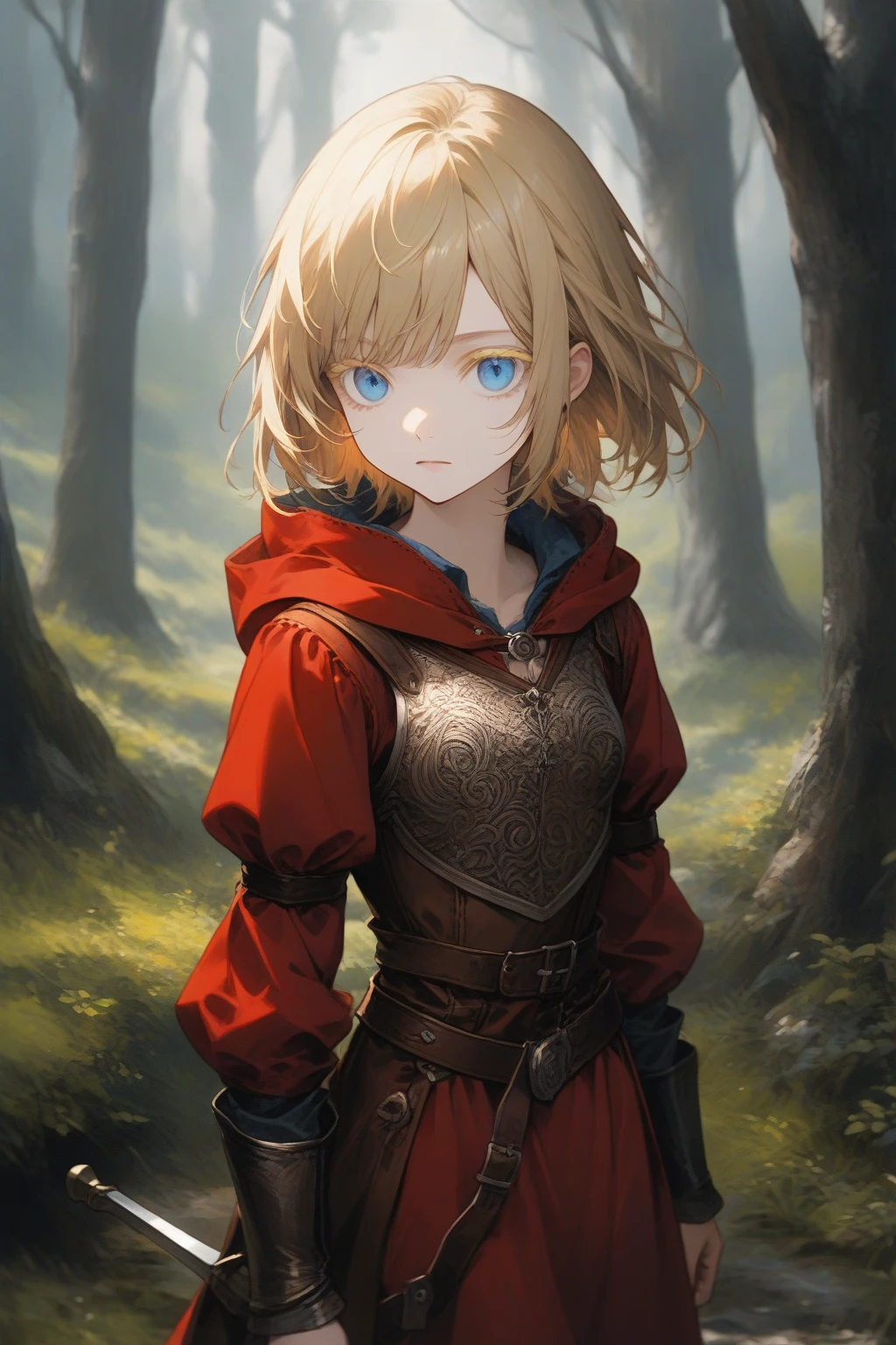 masterpiece, best quality, very aesthetic, absurdres,1girl,rating: general,(hyper detailed eyes),blonde hair,short hair,[disheveled hair],colored eyelashes,blonde eyelashes,blue eyes,(sharp eyes),(slanted eyes),choppy bangs,medium breasts,clear face,expressionless,(red hooded cloak),leather armor,leather chest guard,leather gauntlets,leather greaves,leather boots,(sword),(sheathed),medieval,fantasy,forest,
