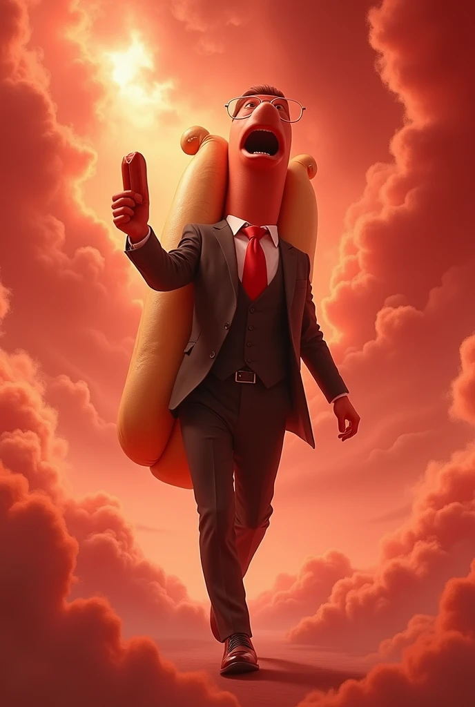 a hotdog dressed as a businessman walking through red clouds eating a hotdog while singing rock