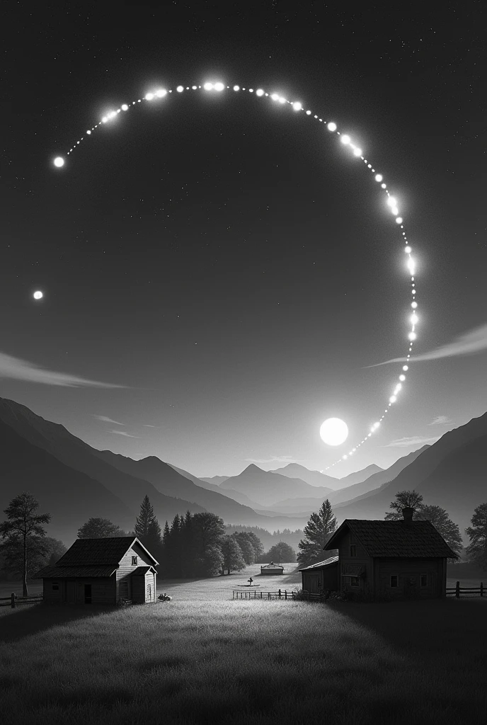 This monochromatic image depicts a serene rural nightscape, rendered in shades of black, white, and gray. The foreground showcases a collection of farm buildings - barns, houses, and outbuildings - illuminated by what appears to be moonlight or soft artificial lighting. These structures cast long shadows across the grassy field, creating a striking contrast. In the background, a range of mountains looms, their silhouettes sharp against the night sky. The most captivating feature is the sky itself, where a series of glowing orbs traces an arc from one side of the image to the other, resembling a time-lapse of the moon's path or perhaps a string of UFOs. Countless stars dot the sky, adding to the magical atmosphere. The painterly quality of the image is evident in the soft edges and subtle gradations of light and shadow, giving it an almost nostalgic, dreamy feel. This composition beautifully balances the earthly and the cosmic, the familiar and the mysterious.