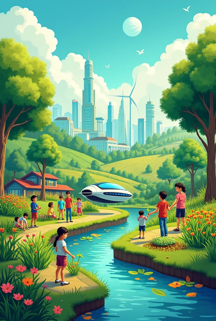 Make a landscape art on the topic " future we want clean and green" make it like one   have make. Add people planting plants house's. One flying futurestic car cleaning the road and River, windmill,farms, building, planting tree,Add building at background 