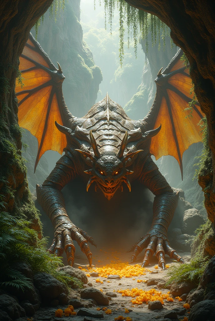 giant dragon, beetle exoskeleton, dragon wing bones, dragonfly wings, forest inside a cave, large amount of amber spread at the dragon's feet,