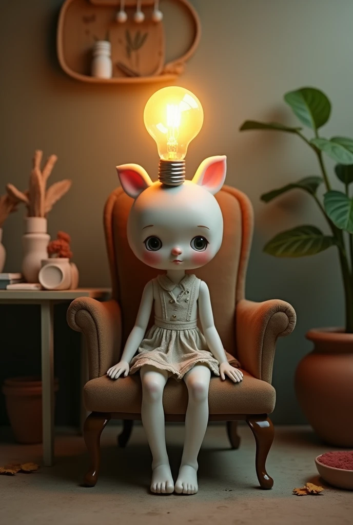 A little doll sitting on a chair with a light bulb on his head thinking