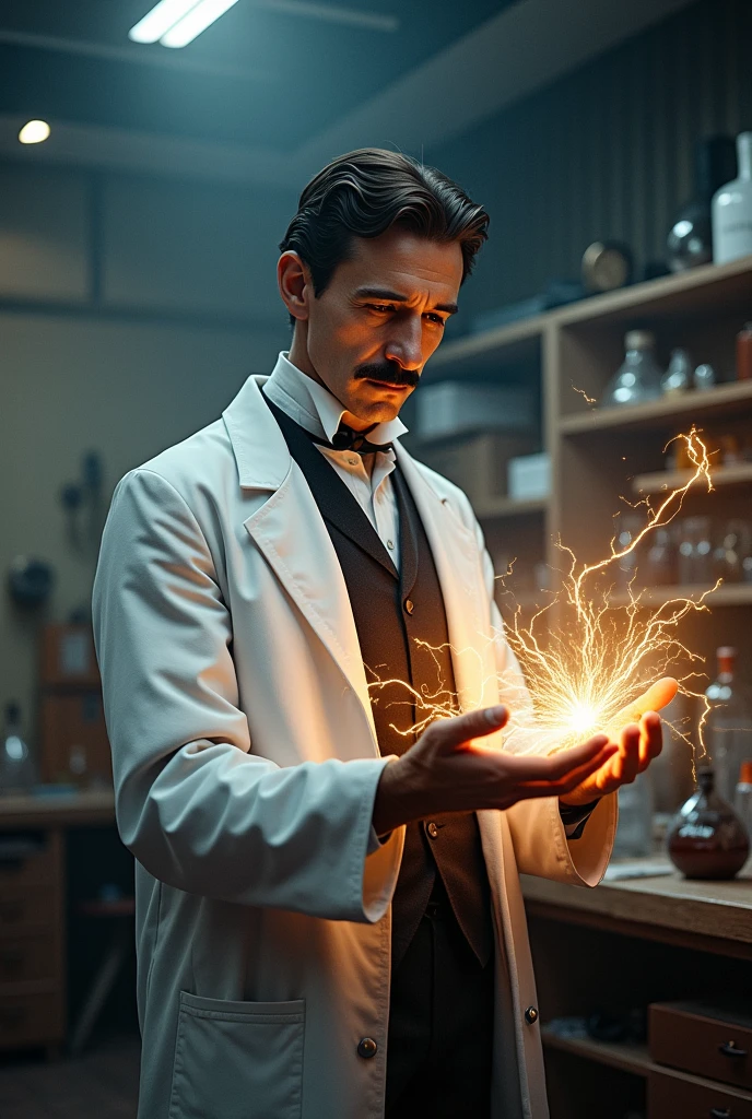  The scientist Tesla wearing a doctor&#39;s coat in physics, electricity in his hands and physics experiments behind him 