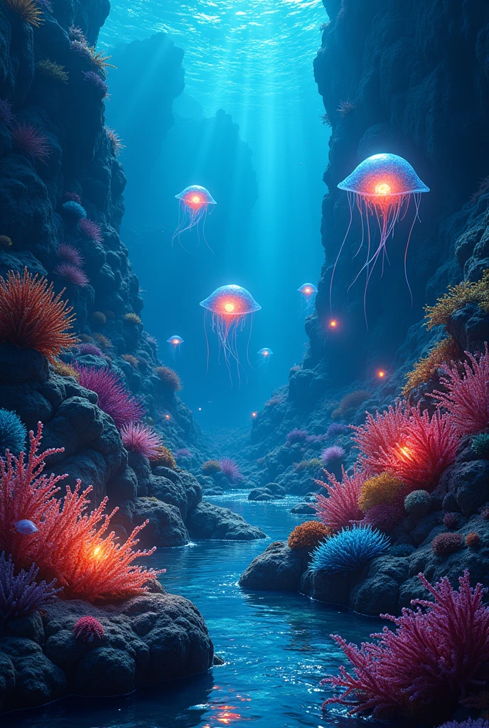 seabed with lantern fish and colorful corals