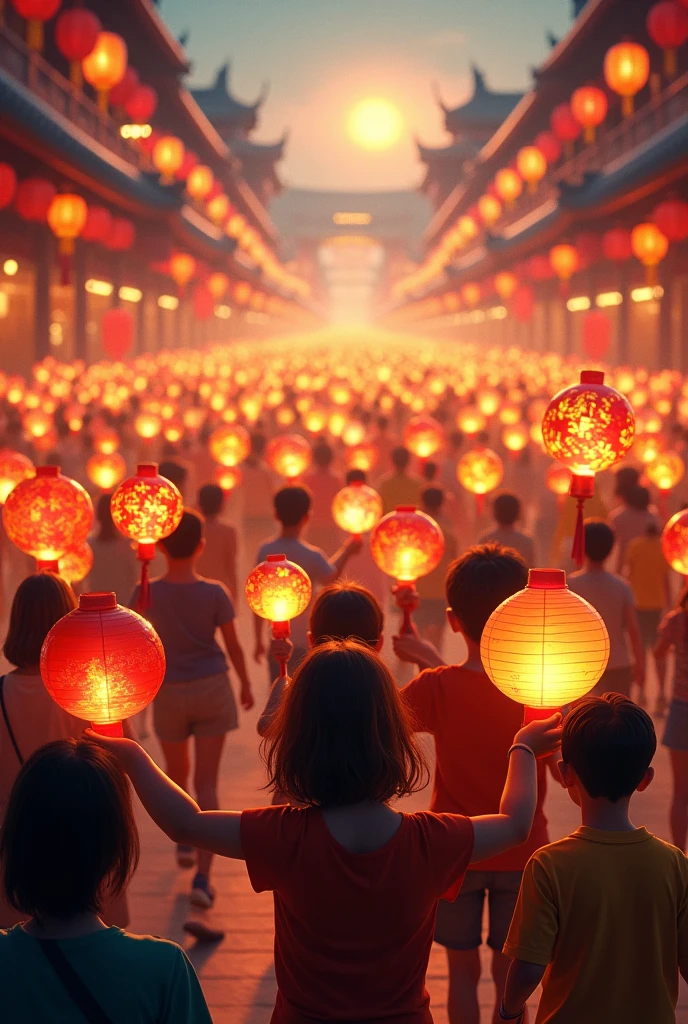 Everyone holds lanterns together during the Mid-Autumn Festival