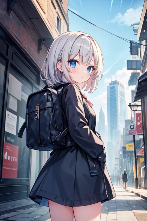 One girl,(masterpiece, Highest quality),Raincoat,City in Ruins,Backpack,it&#39;s raining,He has a gun in his hand,Looking for something,Food, night