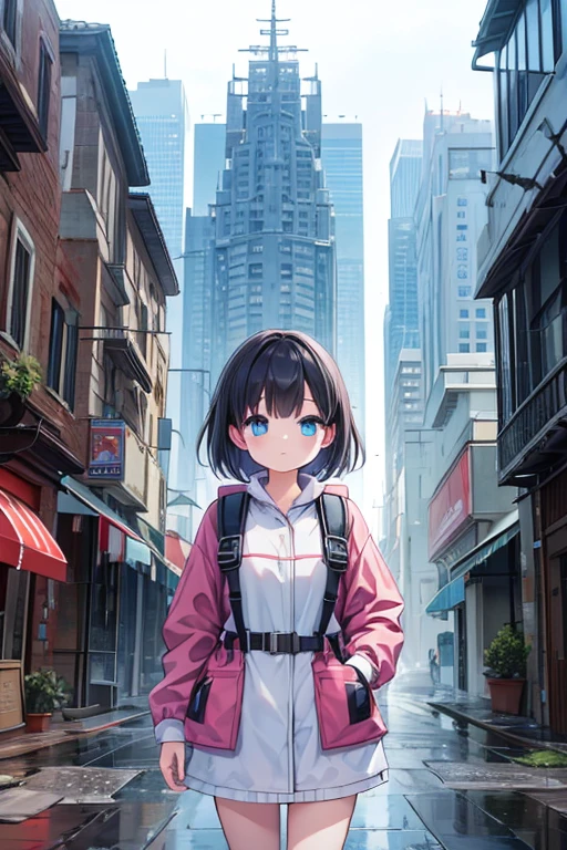 One girl,(masterpiece, Highest quality),Raincoat,City in Ruins,Backpack,it&#39;s raining,He has a gun in his hand,Looking for something,Food, night