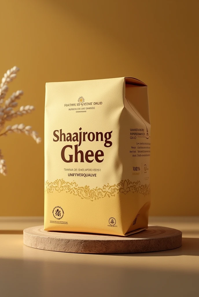 (photorealism:1.2), Ghee lebel paper design, brand name Shaajrong Ghee, 100% Organic,