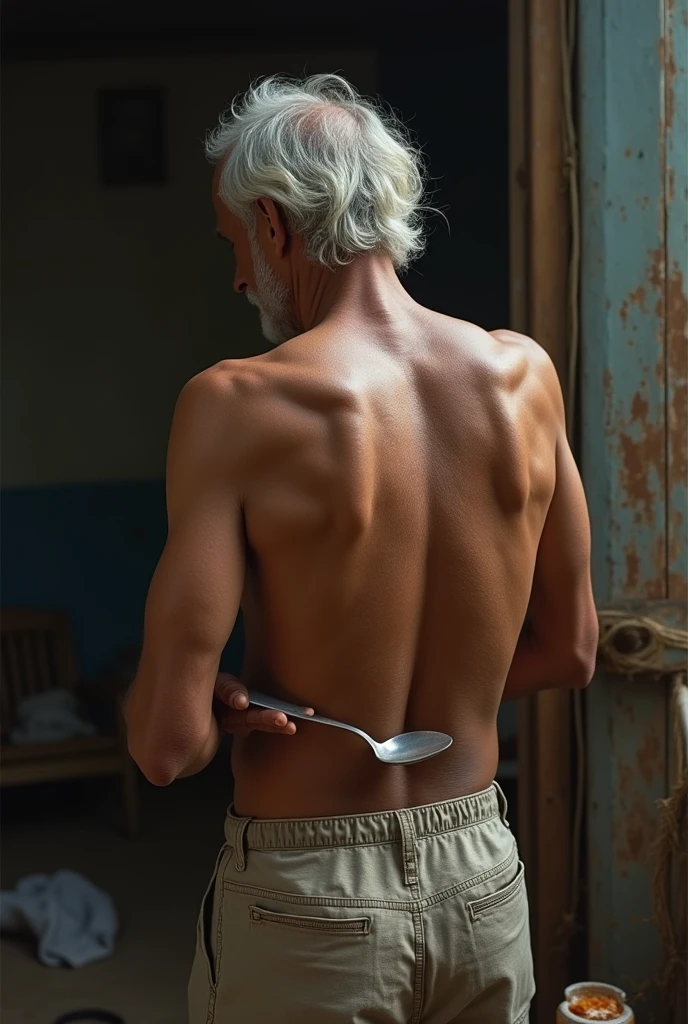 elderly Brazilian man on the back with a spoon in his hand massaging his spine with the spoon and a strange portion next to it