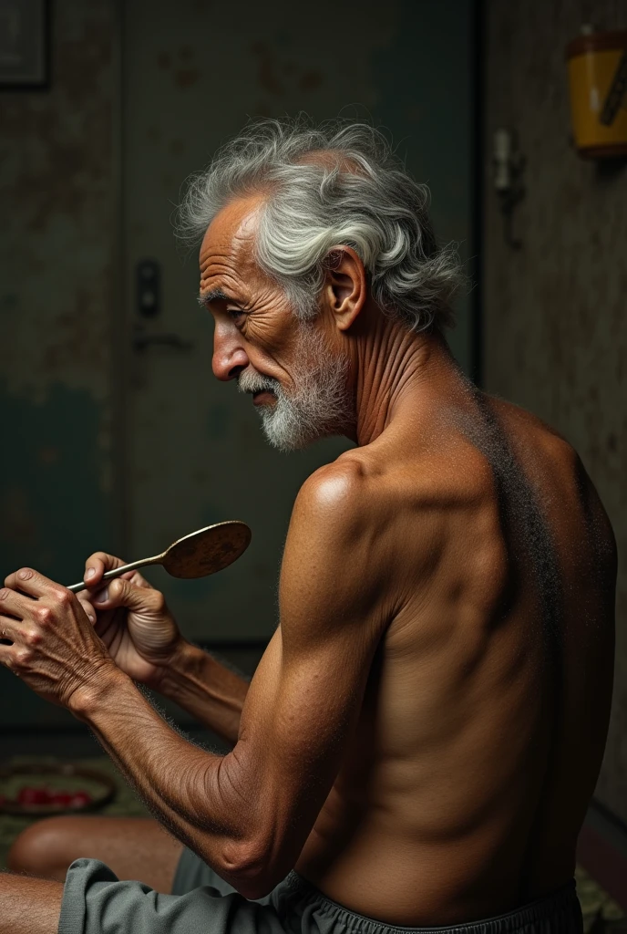 elderly Brazilian man on the back with a spoon in his hand massaging his spine with the spoon and a strange portion next to it