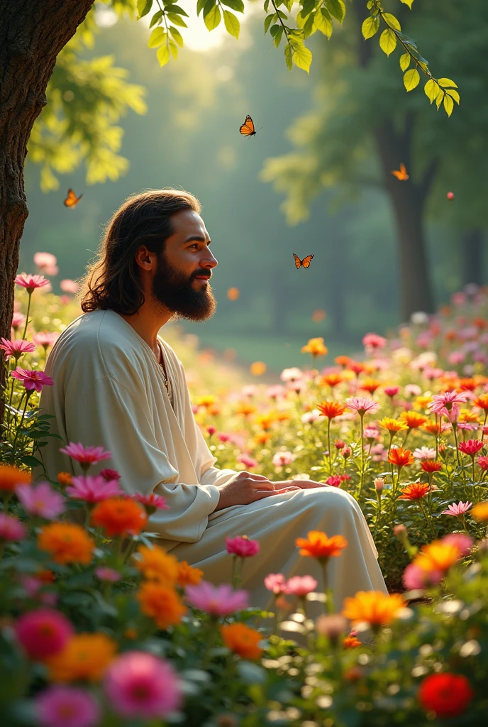 6. Jesus Sitting in a Flower Garden: A vibrant and colorful image of Jesus sitting in the middle of a large flower garden, surrounded by a variety of blooming flowers in every color imaginable. He is smiling warmly, admiring the beauty of the flowers around him. Butterflies and bees flit through the air, and the scent of blossoms fills the scene. The garden is lush and full of life, with tall trees providing shade in the background. Jesus appears completely at peace, as if he is part of the na