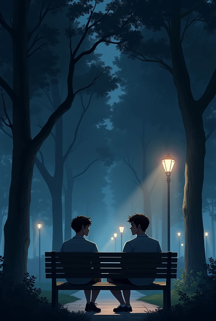 creates an image of two young men sitting in a park at night