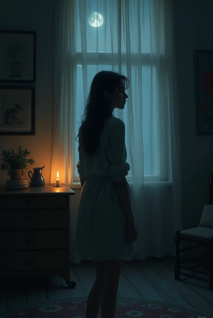 Midnight seen by a young woman in a dark room
