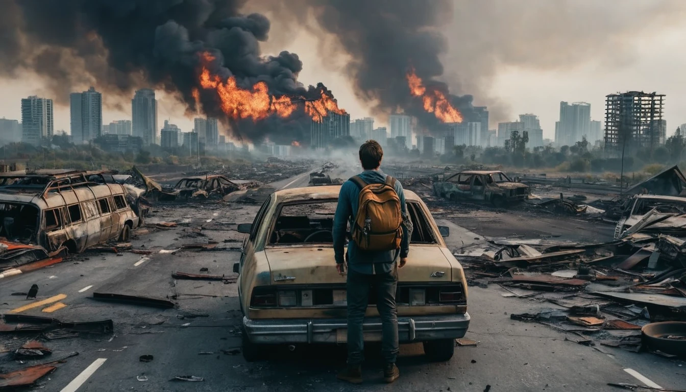 A cinematic scene of a post-apocalyptic city in ruins. A man with a backpack stands on top of a wrecked car, looking out over a highway filled with destroyed and abandoned vehicles. The sky is overcast with a thick layer of smoke, and distant skyscrapers are either damaged or engulfed in flames. Debris is scattered everywhere, and an intense explosion with large flames is occurring in the background. The overall atmosphere is one of chaos, destruction, and desolation.