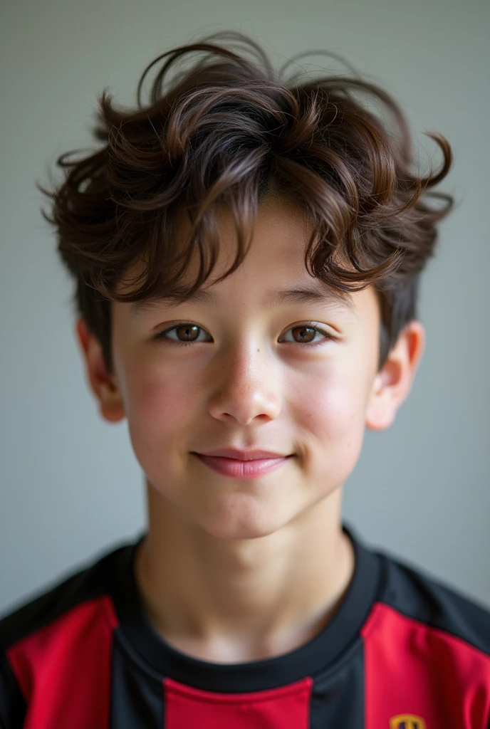male, 2, comma hair, brown hair, half German, half South Korean, facing front, half body photo, white skin, brown eyes, handsome, wearing AC Milan jersey