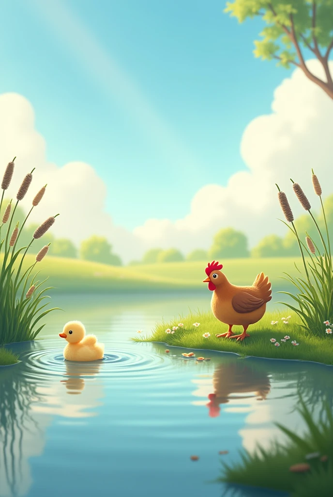 

Caption: “A morning by the pond” Every morning, Duckling was swimming in the pond, splashing happily, While Hen was pecking grains near the shore. They enjoyed their daily routine under the sun.
