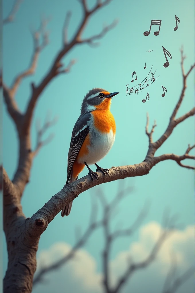 Bird in a tree with a blue sky singing notes that remind us of death