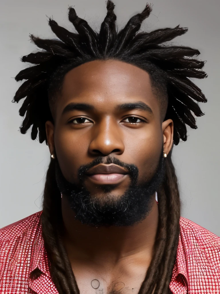 arafed man with dreadlocks and a beard with a colorful shirt, curly black beard, black curly beard, spiky black hair and dark skin, thick black beard, braided beard redhead dreadlocks, black man with afro hair, with a full black beard, inspired by Charles Martin, inspired by Ras Akyem, with textured hair and skin, thick braided beard