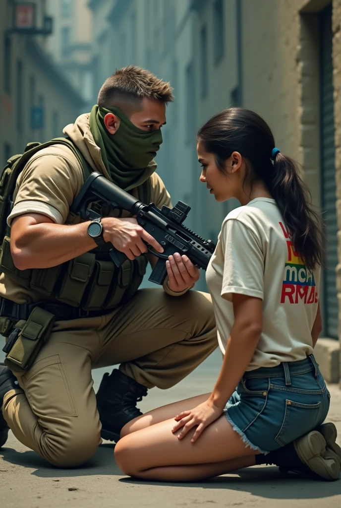 digital art, a 20 year old angry male, wearing militar mask, beige militar clothes, squatting down, pointing gun at a kneeling female wearing lgbt shirt