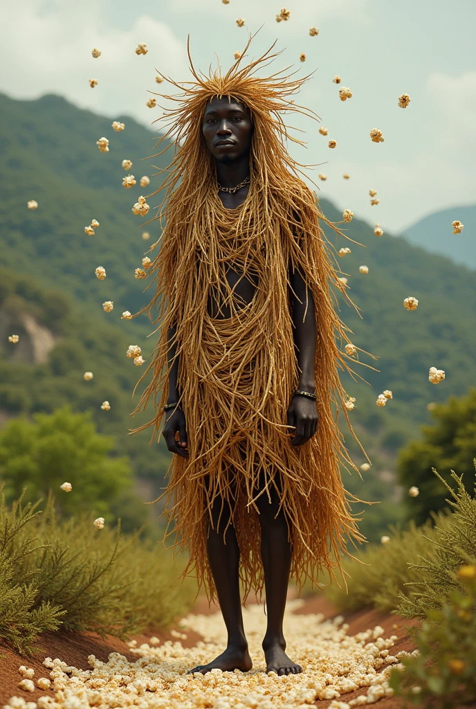 A black African man wearing a completely straw outfit from head to toe without showing his face with the straw covering fluttering ,descalco em close , in an African land location with popcorn falling from the sky and onto the ground.
PICTURE REALISTIC.