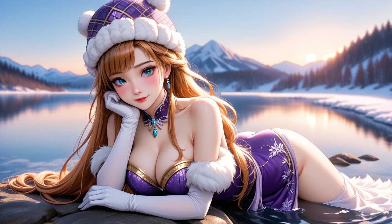 Anime Girl Alone on a Frozen Lake, Fur Hat with Golden Patterns and Furs, White gloves, Dressed in Fur with Gold and Purple Patterns, sexy, curvy, Breasts are larger than average, Beautiful Sexy Face a little Blush and Makeup, It&#39;s snowing Snowflakes are swirling, There is a Joyful Little Smile, Warm Atmosphere, From the snow Lilies of the valley are visible, blooming in abundance, Large Scale Painting, Lake Frozen Snowstorm, bright colors, hair develops long, looks at the viewer, Dynamic shadows, A Very Beautiful Picture of What&#39;s Happening, macroponyxl,score_9,score_8_up,score_7_up,dramatic lighting,highly detailed,high budget,bokeh,cinemascope,moody,epic,gorgeous,film grain,grainy,masterpiece,best quality,perfect anatomy,very aesthetic,official art,8k,