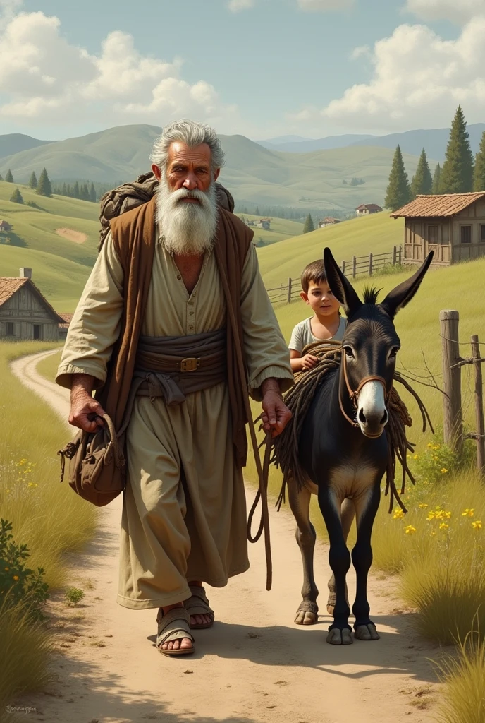 An old man with his son is a donkey