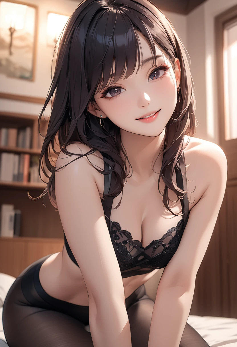 (masterpiece:1.5),(Beat quality),(high res),1girl solo,beautiful face,smile,Black pantyhose woman,room