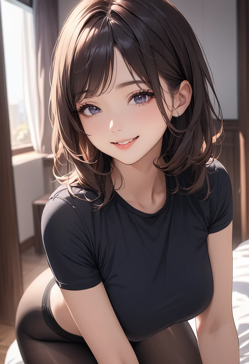(masterpiece:1.5),(Beat quality),(high res),1girl solo,beautiful face,smile,Black pantyhose woman,room