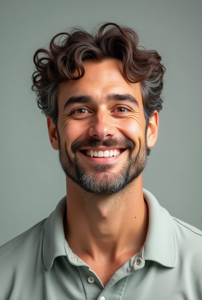 39age Mouth out Natural curls Spots around the eyes Polo shirt