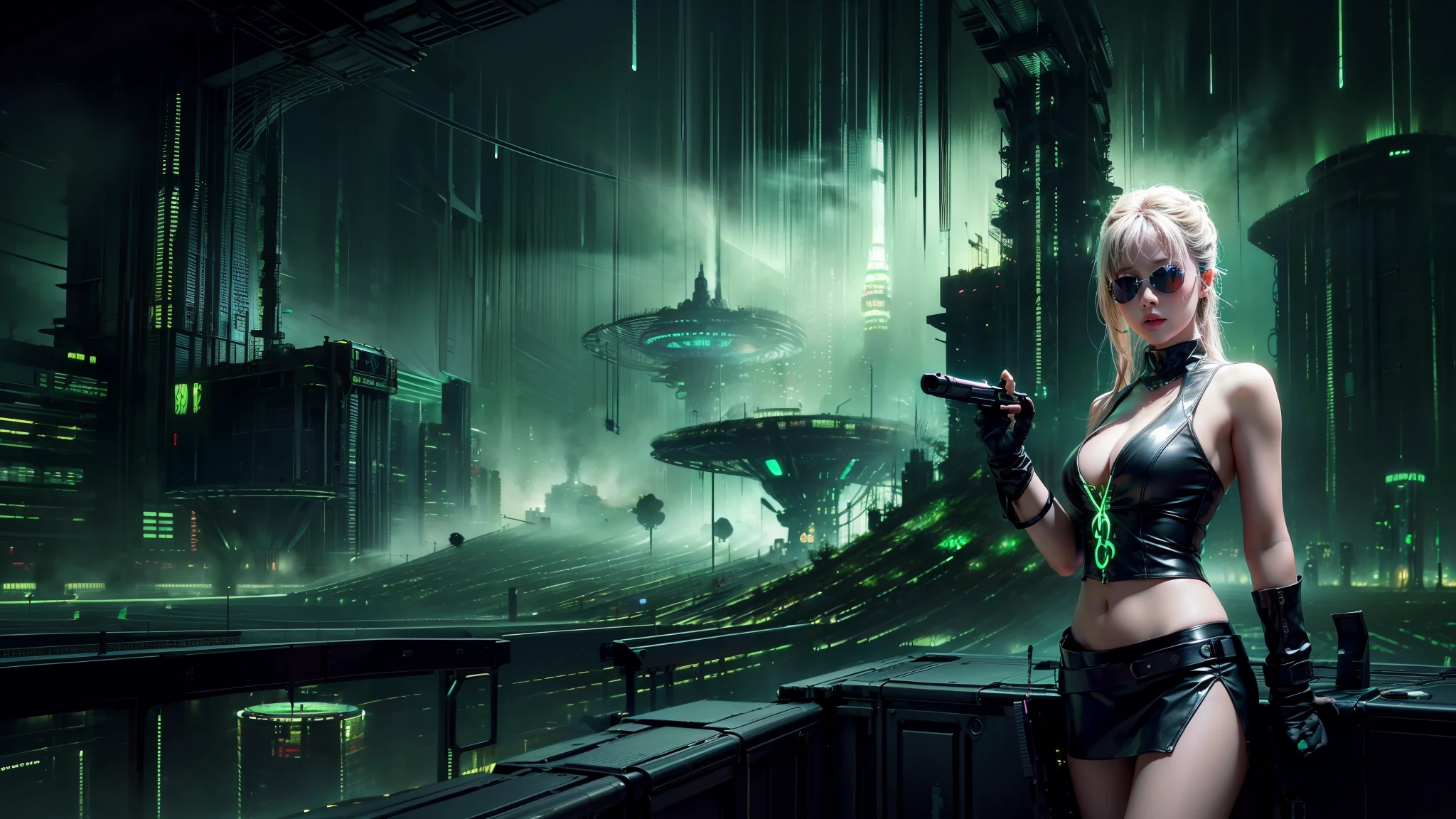 (Wide angle view). Matrix film inspired city, simple outlined neon tall buildings, glowing giant clock tower, lightning, close-up glowing matrix cascading code, 3D rendering Beeple. At night, (1girl, solo, alone), photorealistic, large-breast slim:0.6 body, oval:0.5 face, cleavage:1.1, miniskirt, deep-v, ((upskirt)), glove, (Matrix style black micro sunglasses), ((aiming viewer with a short gun)), (half-body thigh level close-up shot), cinematic lighting, ray tracing.