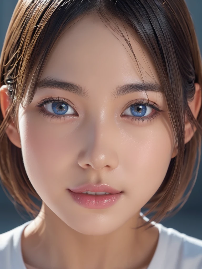 NSFW,a ultra cute beautiful girl wearing highschool uniform,charming smile,mixed race of Japanese and Nordic,large clear light blue eyes,droppy eyes,transparent white skin,silver short hair,photorealistic, 8k, ultra-detailed, masterpiece, realistic, vivid colors, beautiful detailed eyes, beautiful detailed lips, extremely detailed face, intricate details, hyper realistic, cinematic lighting, dramatic shadows, stunning composition, intense atmosphere, highly detailed skin, exquisite facial features, volumetric lighting, raytraced global illumination, physically-based rendering, professional digital art