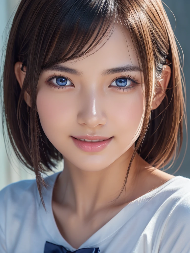NSFW,a ultra cute beautiful girl wearing highschool uniform,charming smile,mixed race of Japanese and Nordic,large clear light blue eyes,droppy eyes,transparent white skin,silver short hair,photorealistic, 8k, ultra-detailed, masterpiece, realistic, vivid colors, beautiful detailed eyes, beautiful detailed lips, extremely detailed face, intricate details, hyper realistic, cinematic lighting, dramatic shadows, stunning composition, intense atmosphere, highly detailed skin, exquisite facial features, volumetric lighting, raytraced global illumination, physically-based rendering, professional digital art