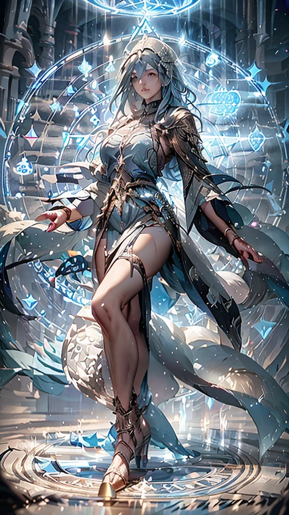 an oriental goddess,Arya,Long flowing blue hair,head ornaments,Big breasts.thin waist,Giant angel wings,Transparent lace dress,High heel,Magic circle of water under your feet,2 huge shields around you,The shield is engraved with runes.,