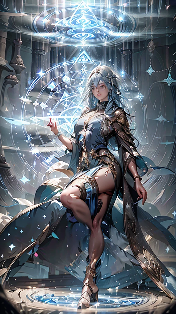 an oriental goddess,Arya,Long flowing blue hair,head ornaments,Big breasts.thin waist,Giant angel wings,Transparent lace dress,High heel,Magic circle of water under your feet,2 huge shields around you,The shield is engraved with runes.,