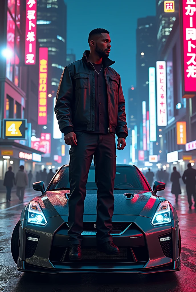 Franklin Clinton stand in neon lights city with NISSAN GTR