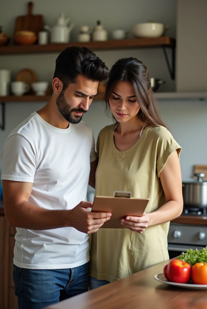 Personalized Action Plans To facilitate the implementation of the tips provided, Here are specific action plans that can be tailored to your individual routine and needs.. A straight Brazilian couple, making a checklist of healthy foods for your diet to combat gastric disease. they are in your kitchen, doing this check with a clipboard in hand