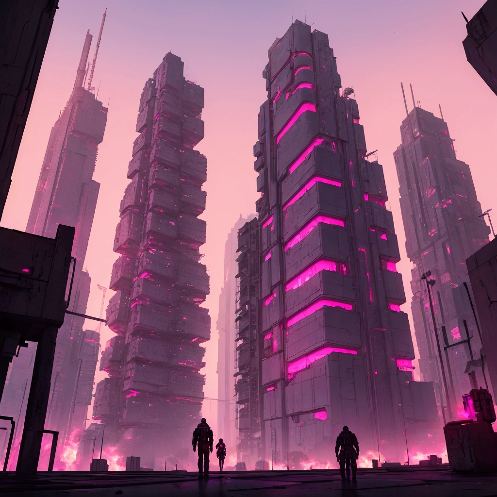 A cyberpunk city seen from below with a pink sky
