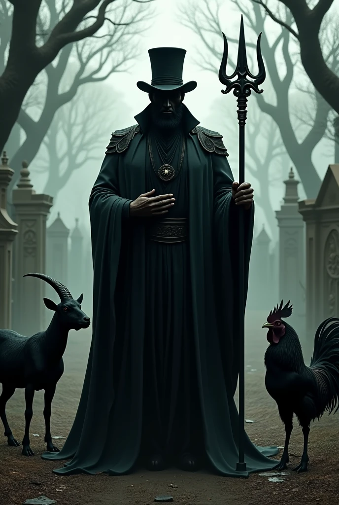 Black man dressed in black , black cape top hat Trident in left hand , beside him a black goat and a rooster . In front of the cemetery 