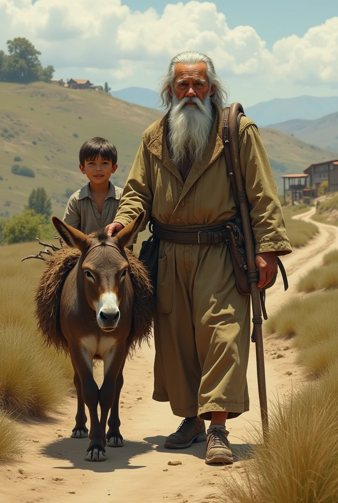 An old man with his son is a donkey