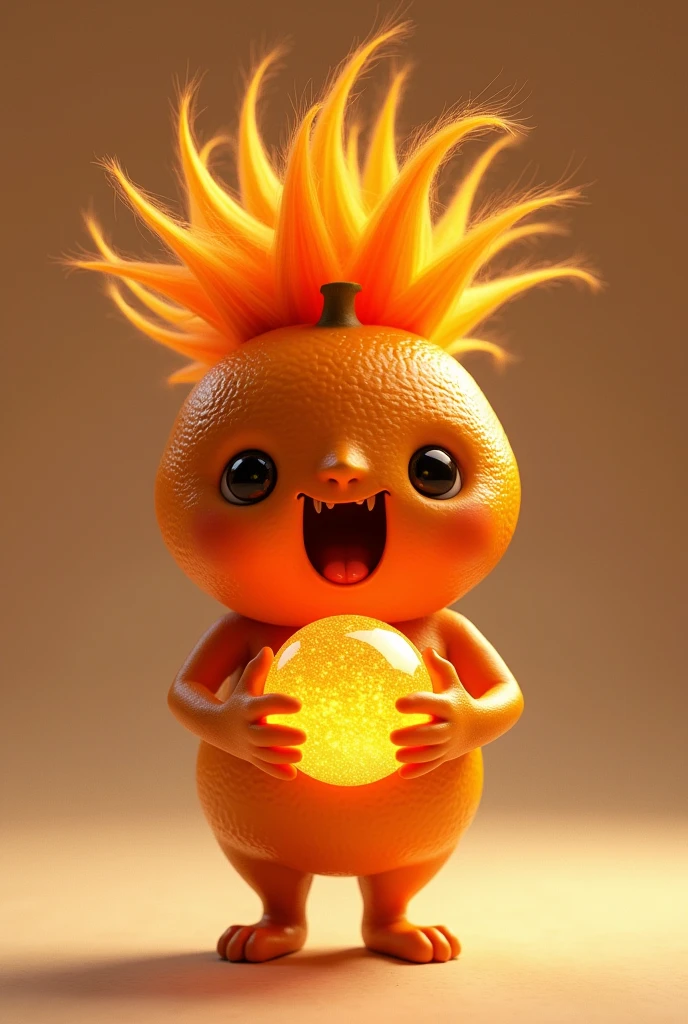 A character from Pixar's Inside Out 2, an orange with a thin forehead and a big mouth, with spiky orange hair holding an orange glitter sphere