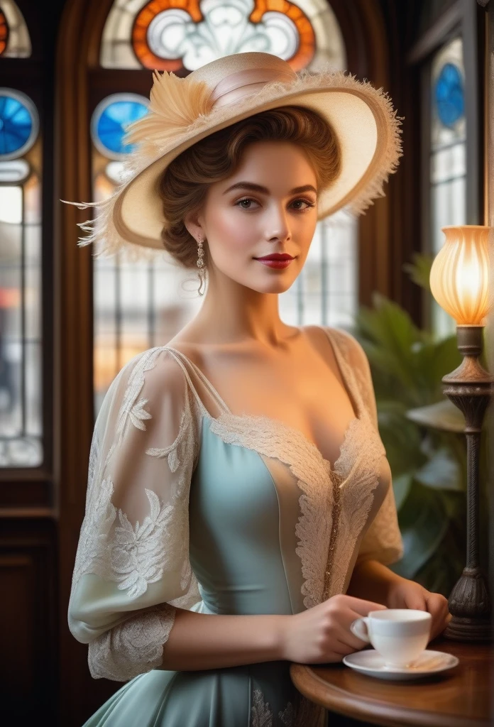 Create a portrait of an elegant woman in an early 20th-century Parisian café, embodying the Belle Époque era. She should be dressed in a sophisticated, flowing dress with intricate lace details, her hair styled in a loose updo adorned with a feathered hat. The background should reflect the art nouveau style with stained glass windows casting colorful light, wrought iron furniture, and lush indoor plants. Capture her in a moment of contemplation, with a slight smile, holding a porcelain cup. The lighting should be soft, mimicking the natural light of a cloudy afternoon, with subtle highlights to emphasize the textures of her attire and the ambiance. Use a technique that blends photorealism with a painterly touch, reminiscent of the works by Toulouse-Lautrec but with modern clarity.